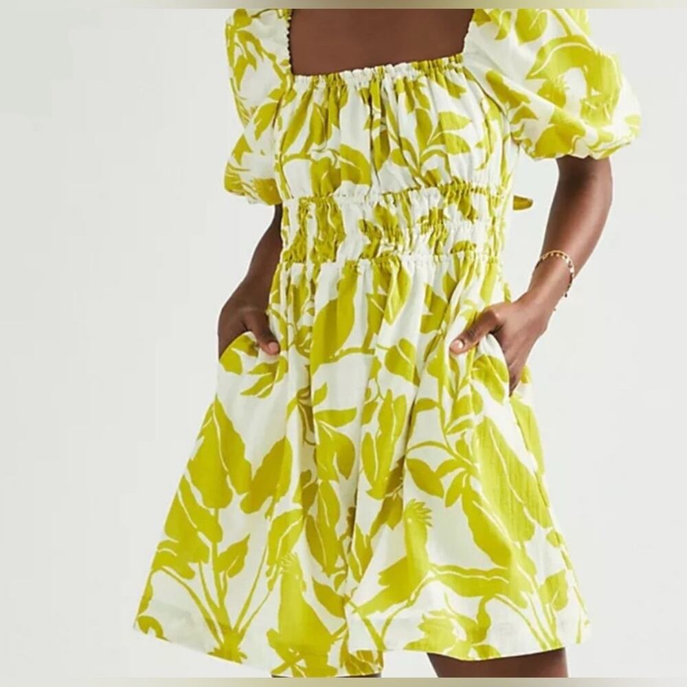 Maeve Puff‎ Sleeve Mini Dress Women XS Citron White EUC Floral Smocked Tie Back